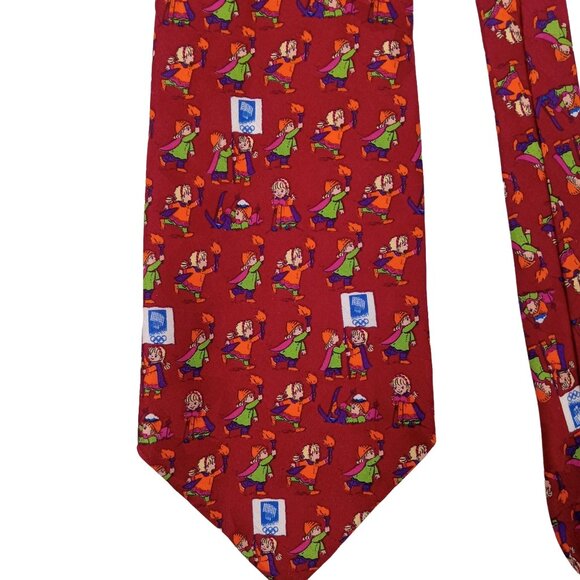 Vintage Olympics Necktie Tie Lillihammer 94 Silk Red Logo Torch '94 Winter Games - Picture 2 of 6